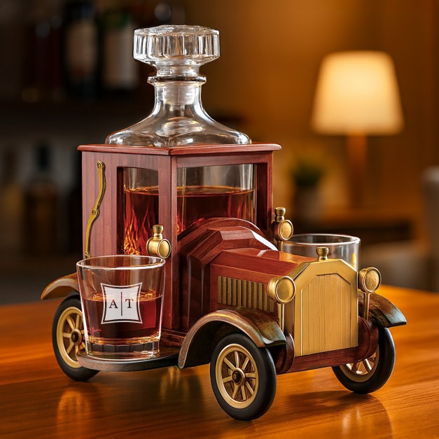 Carafe dans une voiture en bois avec 2 verres personnalisés pour un couple pour mariage