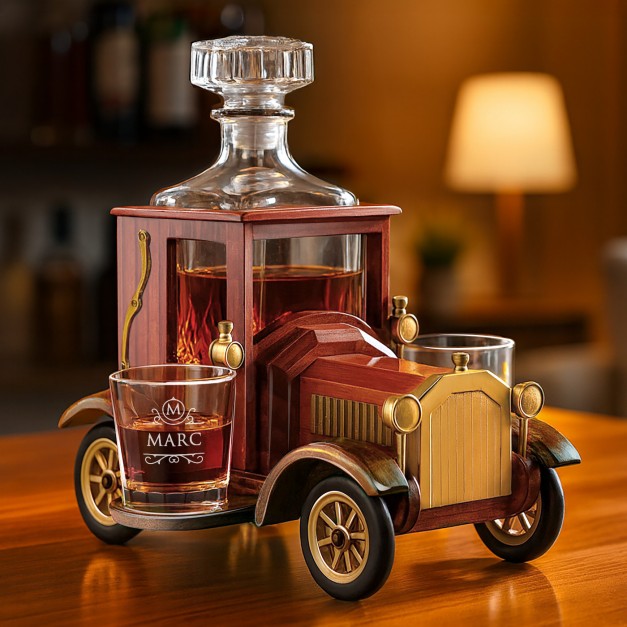 Carafe dans une voiture en bois avec 2 verres personnalisés pour un mari pour la Saint-Valentin