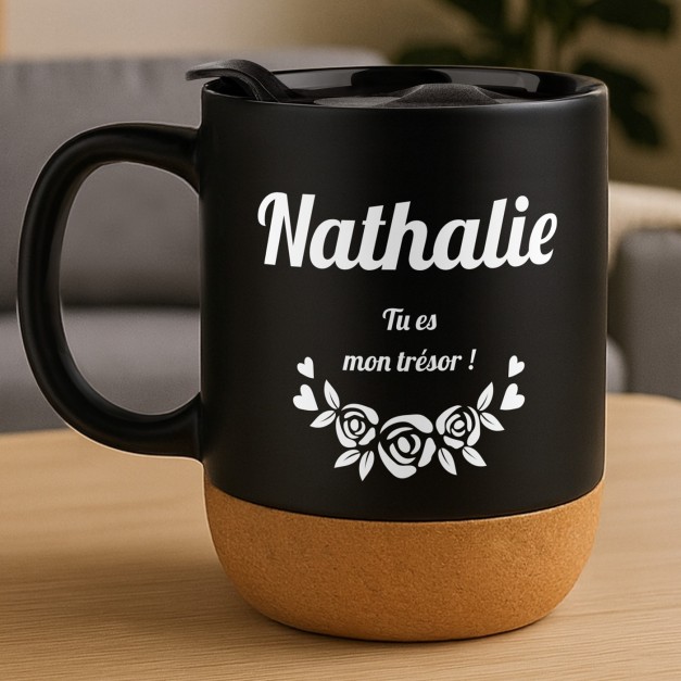Mug noir avec impression et couvercle pour femme mère anniversaire