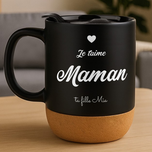 Mug noir avec impression et couvercle pour femme mère fête des mères