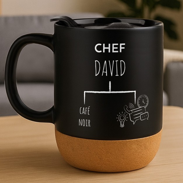 Mug noir avec impression et couvercle pour président anniversaire