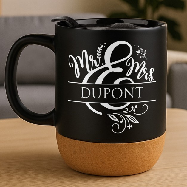 Mug noir avec impression et couvercle pour couple mariage déménagement