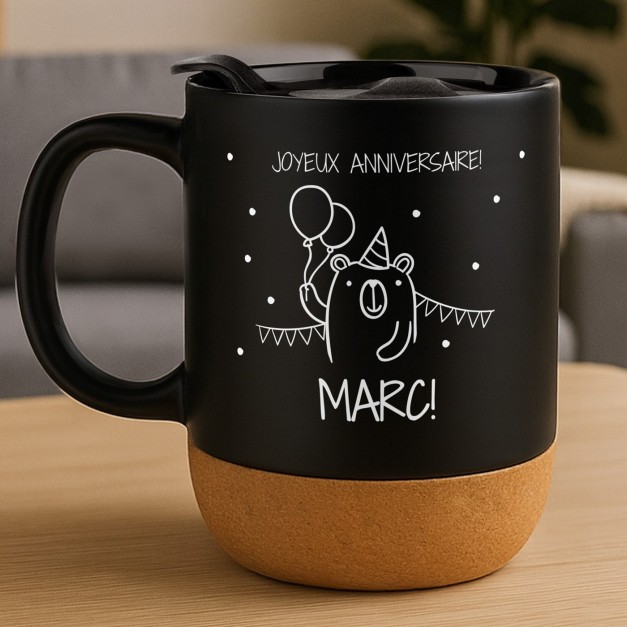 Mug noir avec impression et couvercle pour garçon fils anniversaire