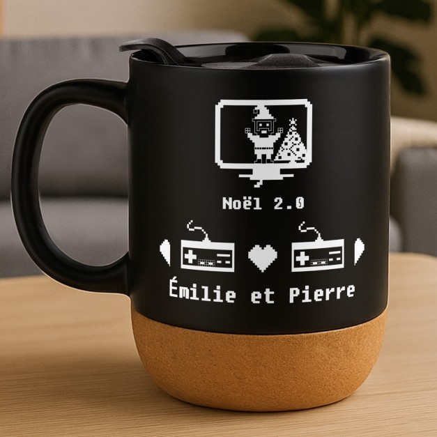 Mug noir avec impression et couvercle pour gamer joueurs noel