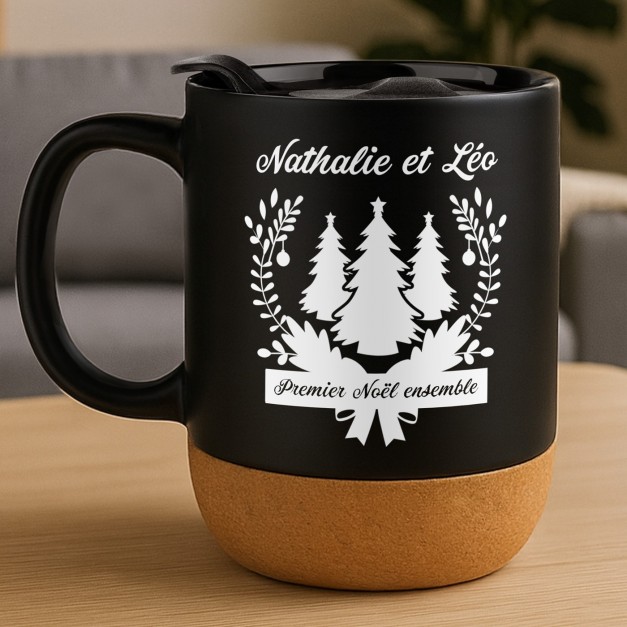 Mug noir avec impression et couvercle pour couple Noël