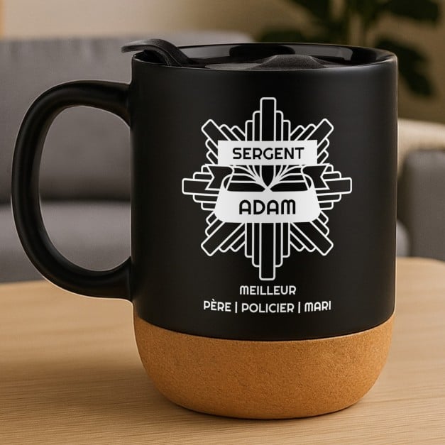 Mug noir avec impression et couvercle pour homme policier père mari