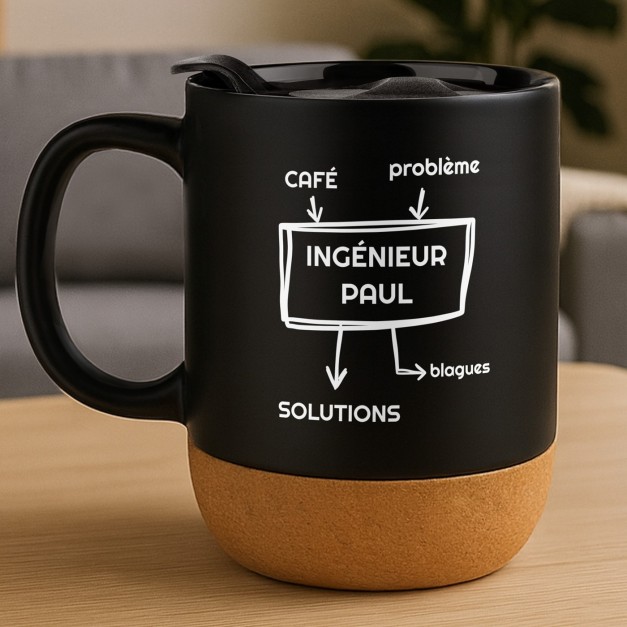 Mug noir avec impression et couvercle pour homme ingénieur anniversaire