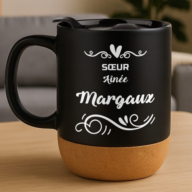 Mug noir avec impression et couvercle pour elle soeur anniversaire