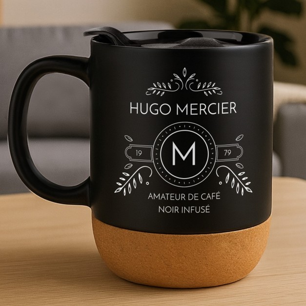 Mug noir avec impression et couvercle pour homme amateur café anniversaire