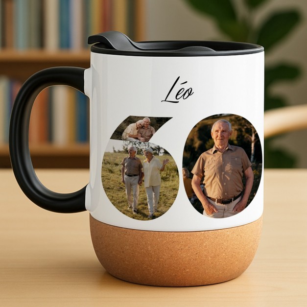 Mug blanc avec impression et couvercle pour grand pere 60 ans anniversaire