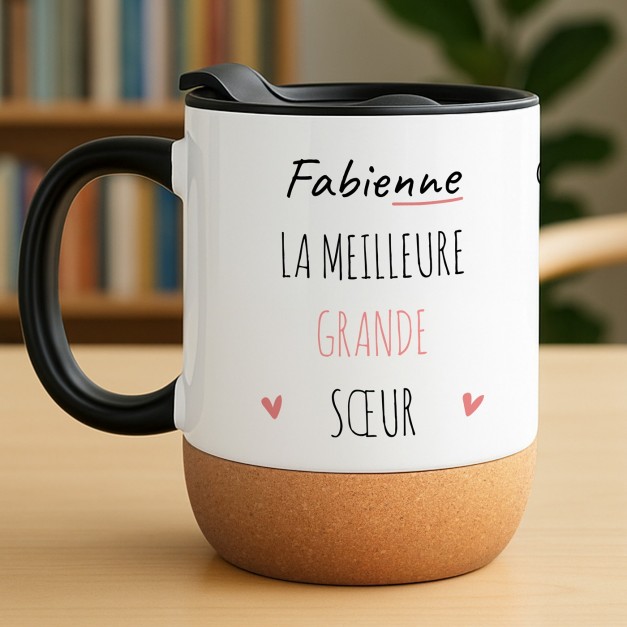Mug blanc avec impression et couvercle pour grande soeur anniversaire