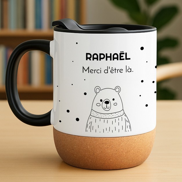 Mug blanc avec impression et couvercle pour copain ourson anniversaire