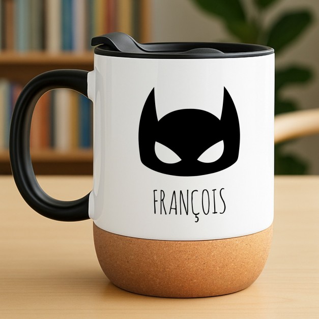 Mug blanc avec impression et couvercle pour lui superhéros