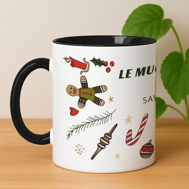 Tasse en céramique blanche et fond noir personnalisée avec impression pour une femme pour Noël
