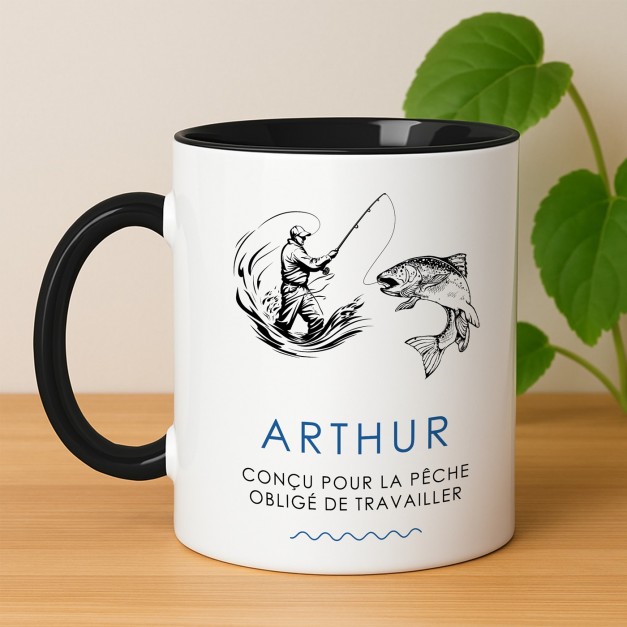 Tasse en céramique blanche et fond noir personnalisée avec impression pour l'anniversaire d'un pêcheur