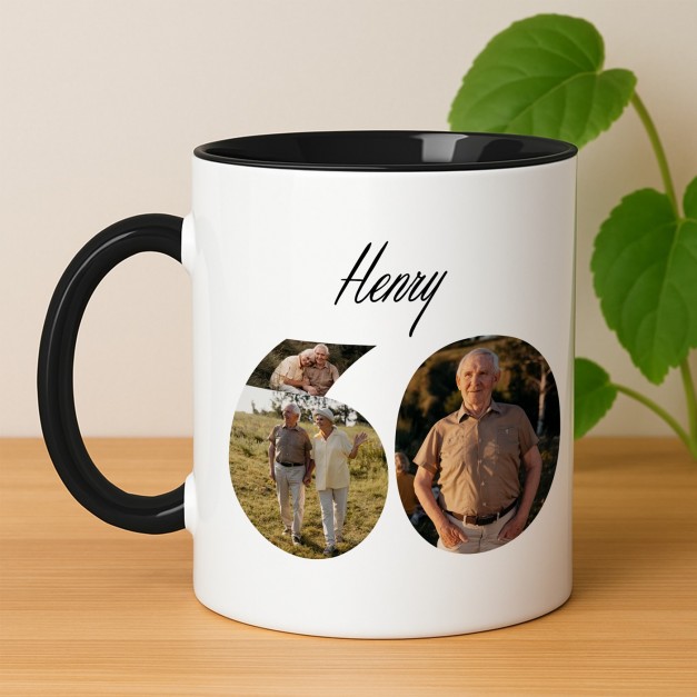 Tasse en céramique blanche et fond noir personnalisée avec impression avec photo pour un papy pour ses 60 ans