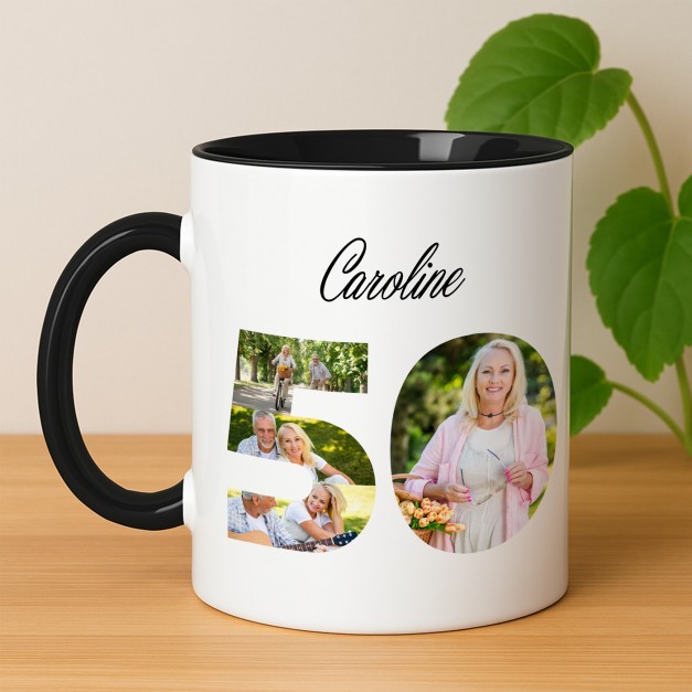 Tasse en céramique blanche et fond noir avec personnalisation avec photo pour une maman pour ses 50 ans