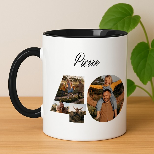 Tasse en céramique blanche et fond noir personnalisée avec impression avec photo pour un mari pour ses 40 ans