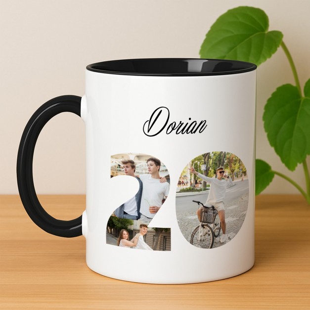 Tasse en céramique blanche et fond noir personnalisée avec impression avec photo pour lui pour ses 20 ans