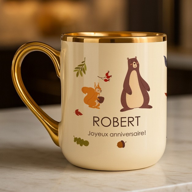 Tasse en céramique beige personnalisée avec bord et anse dorés avec impression pour l'anniversaire d'un fils