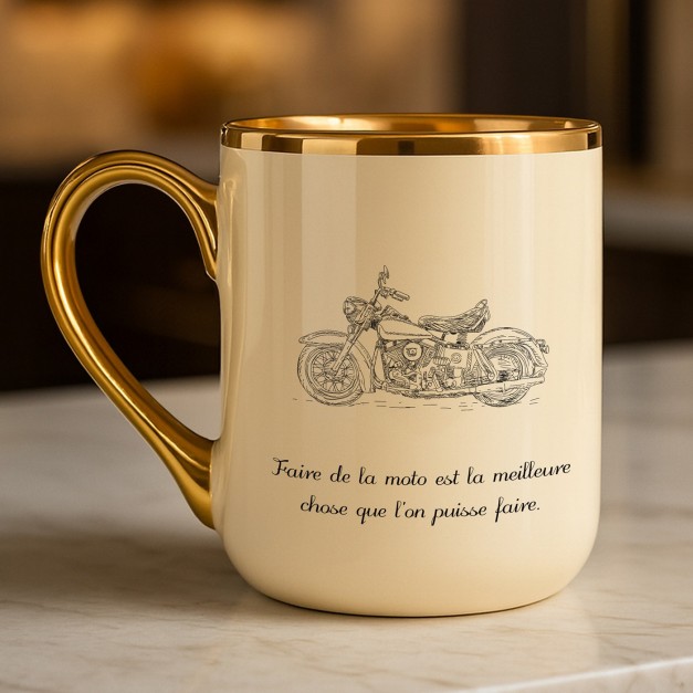 Tasse en céramique beige avec bord et anse dorés avec personnalisation pour l'anniversaire d'un motard