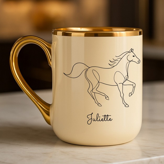 Tasse en céramique beige avec bord et anse dorés avec personnalisation pour l'anniversaire d'une copine amoureuse des chevaux