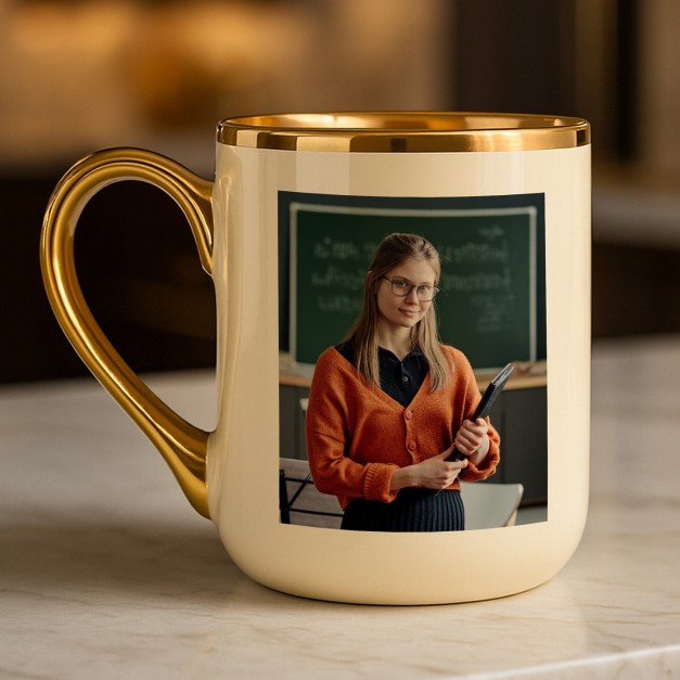 Tasse en céramique beige personnalisée avec bord et anse dorés avec impression avec photo pour une meilleure prof