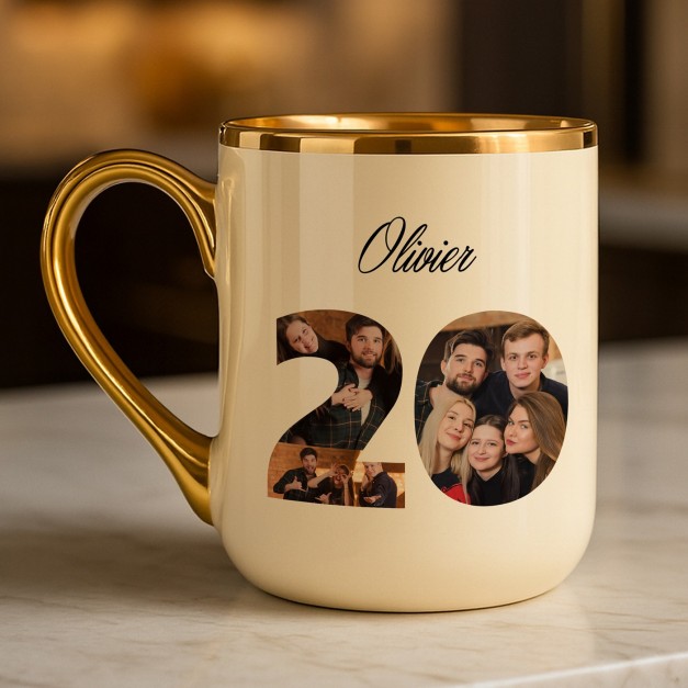 Tasse en céramique beige personnalisée avec bord et anse dorés avec impression avec photo pour un copain pour ses 20 ans