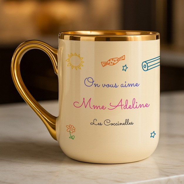 Tasse en céramique beige avec bord et anse dorés avec personnalisation pour une institutrice de maternelle