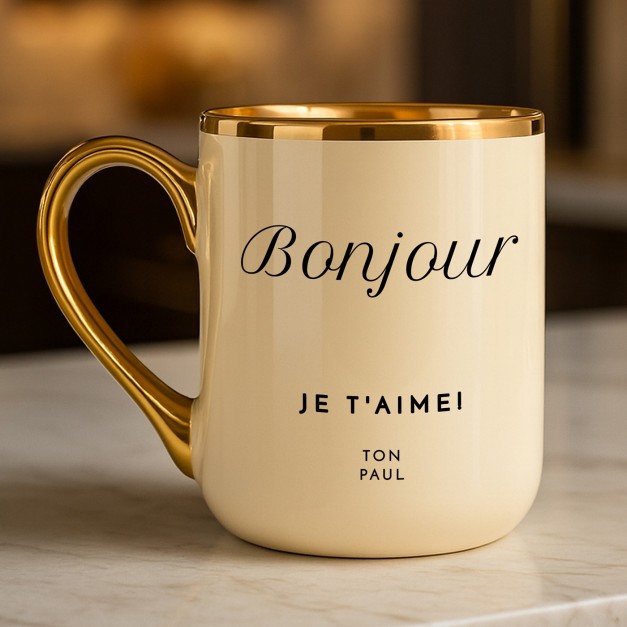 Tasse en céramique beige personnalisée avec bord et anse dorés avec impression pour une épouse pour l'anniversaire de mariage