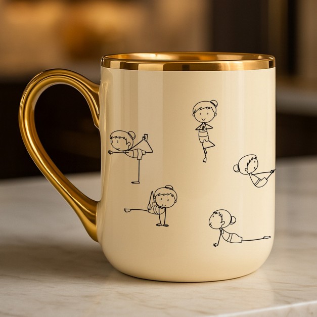 Tasse en céramique beige personnalisée avec bord et anse dorés avec impression pour l'anniversaire d'une femme fitness