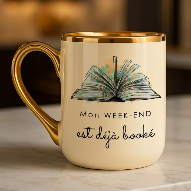 Tasse en céramique beige personnalisée avec bord et anse dorés avec impression pour l'anniversaire d'un rat de bibliothèque