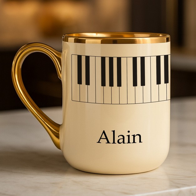 Tasse en céramique beige avec bord et anse dorés avec personnalisation pour l'anniversaire d'un musicien