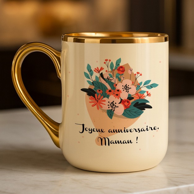 Tasse en céramique beige personnalisée avec bord et anse dorés avec impression pour l'anniversaire d'une maman