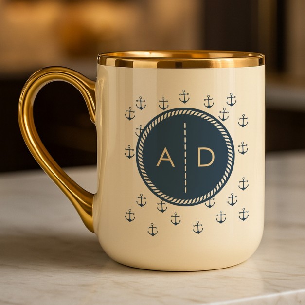 Tasse en céramique beige avec bord et anse dorés avec personnalisation pour l'anniversaire d'un ami passionné de la mer
