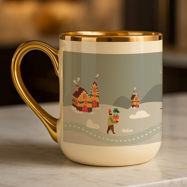 Tasse en céramique beige personnalisée avec bord et anse dorés avec impression pour une épouse pour Noël