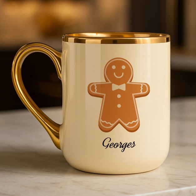 Tasse en céramique beige avec bord et anse dorés avec personnalisation pour un copain pour Noël