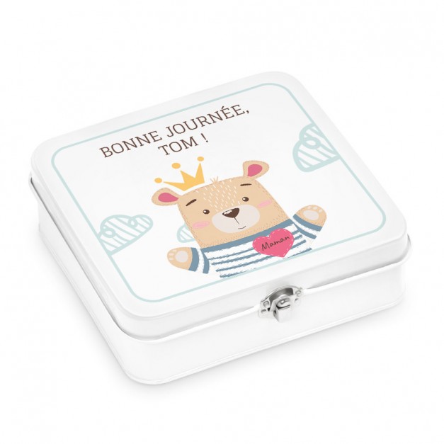 Boîte à snacks blanche en métal avec impression pour l'anniversaire d'un fils