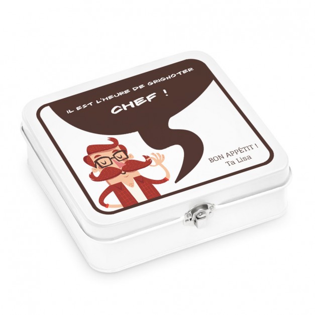 Boîte à snacks blanche en métal avec impression pour un mari pour l'anniversaire de mariage