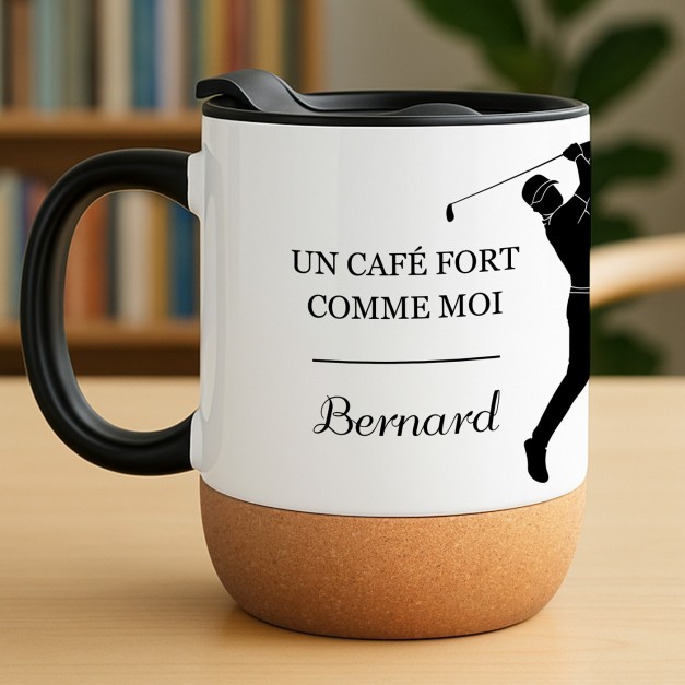 Mug blanc avec impression et couvercle pour un golfeur anniversaire