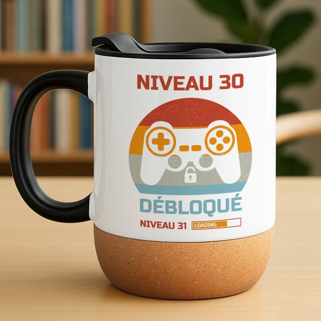 Mug blanc avec impression et couvercle pour un joueur pour ses 30 ans