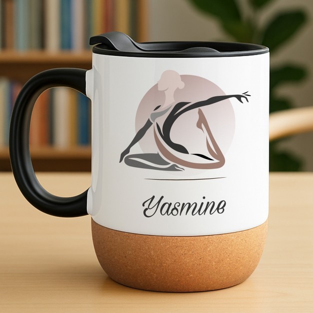 Mug blanc avec impression et couvercle pour elle coach de yoga