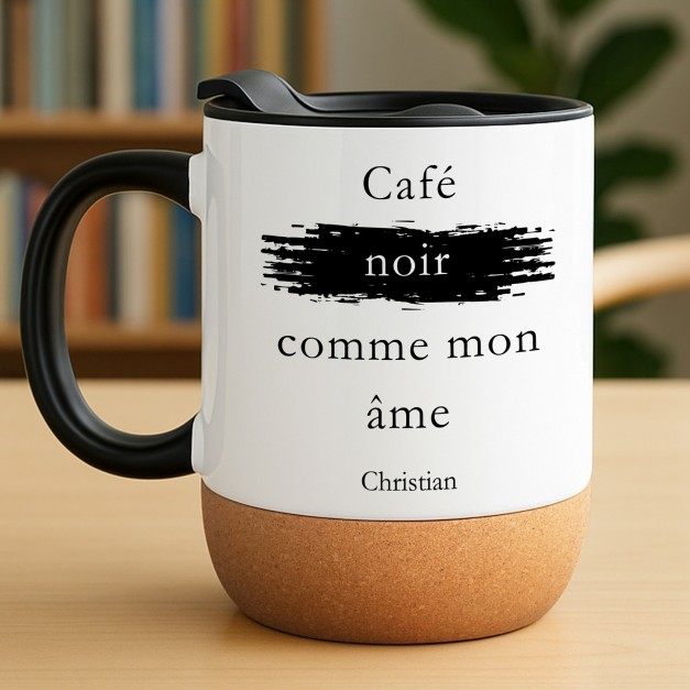 Mug blanc avec impression et couvercle pour un amateur de café noir