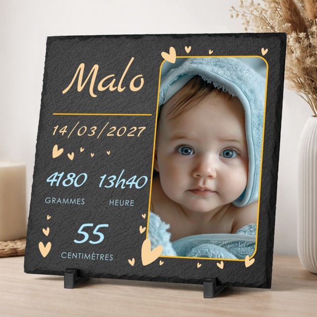 Pierre en ardoise personnalisée avec photo pour la naissance d'un petit garçon