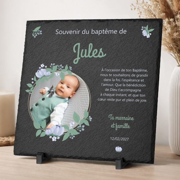 Pierre en ardoise personnalisée avec photo pour le baptême d'un filleul