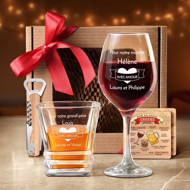 Coffret cadeau pour grand-mère et grand-père avec verres à vin et whisky
