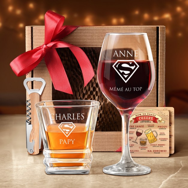 Coffret cadeau pour la Fête des Mamies et Fête des Papys avec verres à vin et whisky
