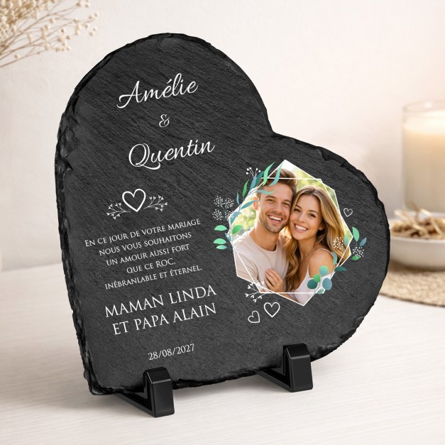 Pierre en ardoise en forme de cœur personnalisée avec photo pour un couple pour mariage