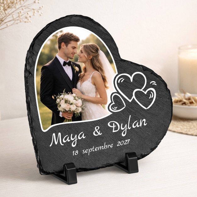 Pierre en ardoise en forme de cœur personnalisée avec photo pour elle et pour lui pour mariage
