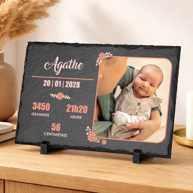 Pierre en ardoise personnalisée avec photo pour la naissance d'une petit fille